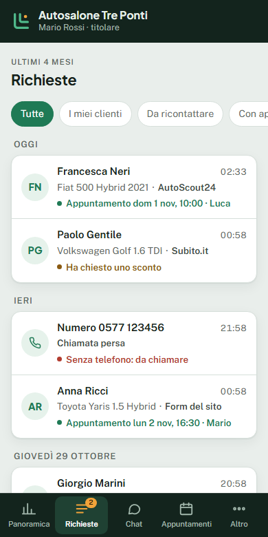 Il portale dal telefono: l'elenco delle richieste di oggi e di ieri, con lo stato di ognuna